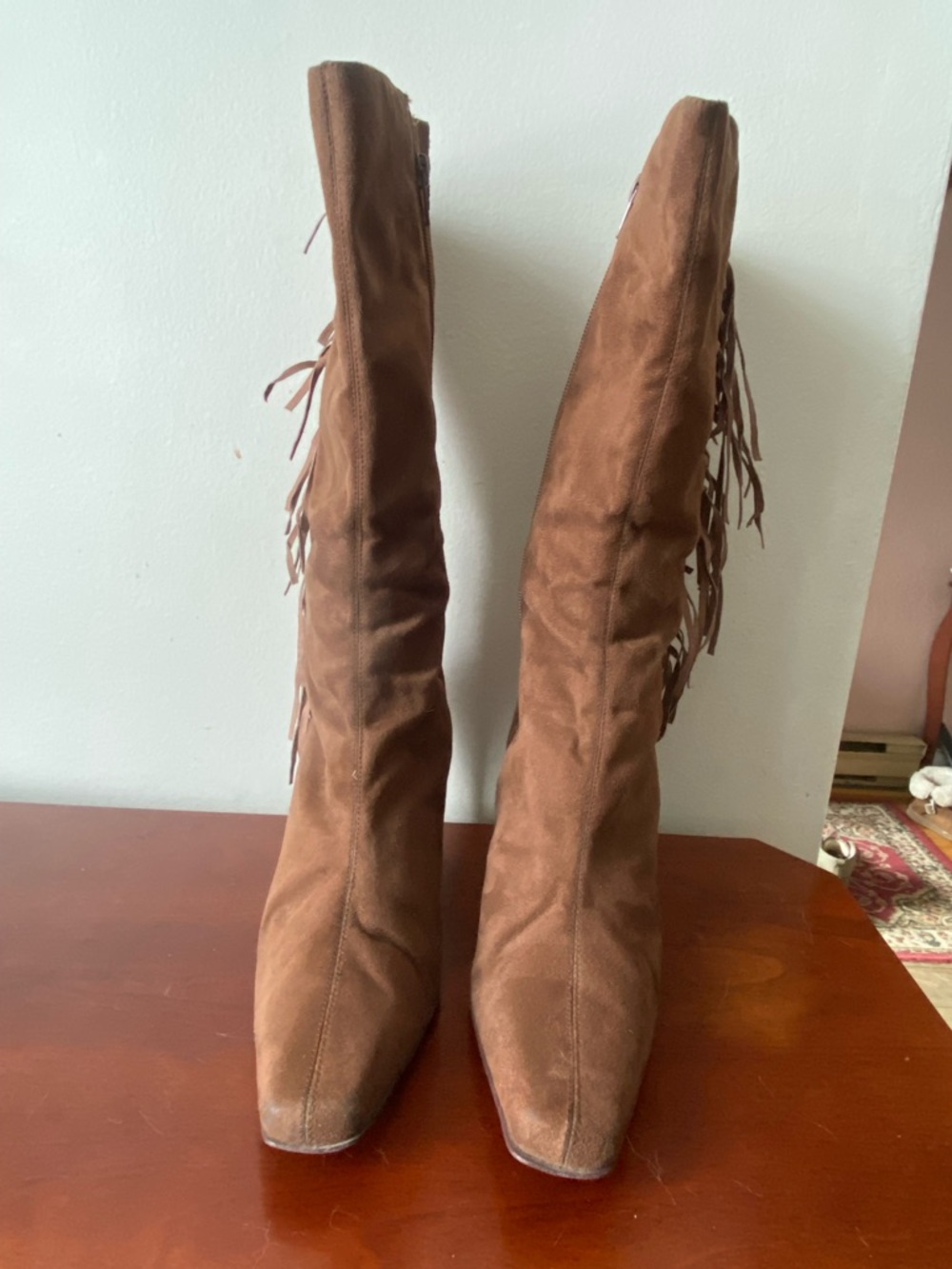 Tall Fringe Suede Boots in Brown